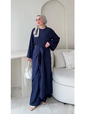 RFK Butik Kadın Önü Çapraz Belden Bağlamalı Pantolonlu Üç Parça Tesettür Takım - Lacivert