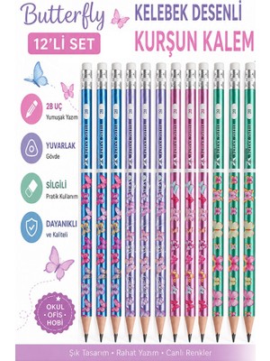 Artlantis Kelebek Silgili Kurşun Kalem 12 Adet Faber Castell Yuvarlak Gövdeli Siyah Kurşun Kalem Yumuşak Yazım Kolay Tutuş Kalite