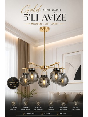 Elvora Home Modern (Premium) Gold Füme Camlı 5'li Salon Mutfak Yemek Odası Dekoratif Sarkıt Avize 5XE14 Duyulu Salon Yemek Odası Mutfak Oturma Odası Avizesi Modelleri