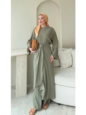 RFK Butik Kadın Önü Çapraz Belden Bağlamalı Pantolonlu Üç Parça Tesettür Takım - Haki