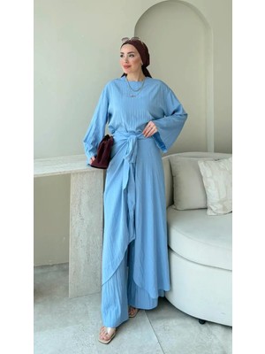 RFK Butik Kadın Önü Çapraz Belden Bağlamalı Pantolonlu Üç Parça Tesettür Takım - Mavi