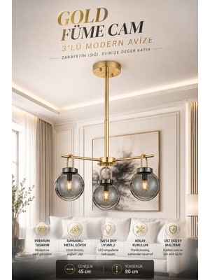 Elvora Home Modern (Premium) Gold Füme Camlı 3'lü Avize Salon Yemek Odası Dekoratif Sarkıt Avize 3XE14 Duyulu Salon Yemek Odası Mutfak Oturma Odası Avizesi Modelleri