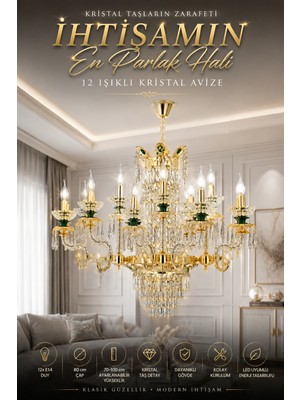 Elvora Home Modern (Premium) Yeşil Detaylı Klasik 12'li Gold Kristal Taşlı Avize Lüks Salon Oturma Odası Avizesi Modelleri 12XE14 Duyulu