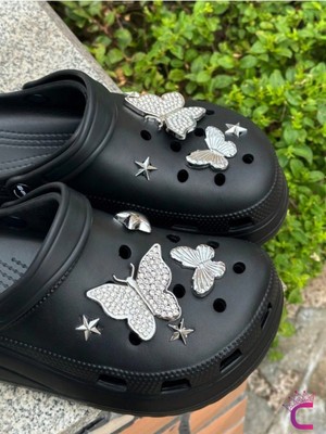 Cinderella 10'lu Kelebekli Yıldızlı Zirkon Taşlı Crocs Uyumlu Terlik Süsü Seti Gümüş Jibbitz - Cross Crocks Charm Aksesuar