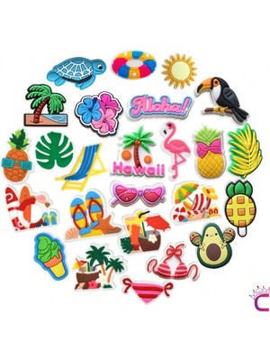 Cinderella 25'li Hawaii Serisi Yaz Tatili Crocs Uyumlu Terlik Süsü Jibbitz - Cross Süsleri Pin Takı Crocks Charm Seti Tokası