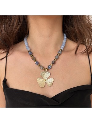 Suerte Accessories Akuamarin ve Akik Doğal Taş Çelik Yonca Uçlu Hematit Doğaltaş El Yapımı Kolye