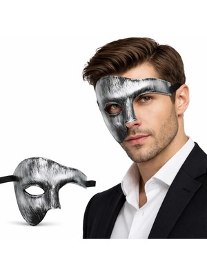 Etorva Store Antik Eskitme Gümüş Erkek Yarım Maske - Phantom Parti  Balo Maskesi