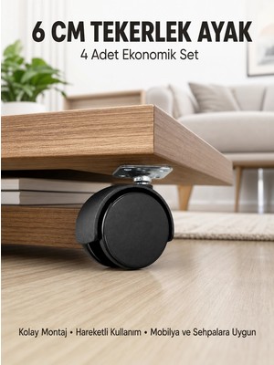 Belle Fusion Mey Ithalat® Halı ve Beton Uyumlu Kilitsiz Mobilya Tekerleği 4’lü