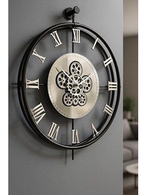 Nomikase Siyah ve Gümüş Dönence Çarklı Metal Duvar Saati - Modern Tasarım