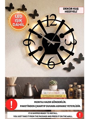 Normadia LED Işıklı Siyah Ahşap Mutfak Duvar Saati, Modern ve Sessiz