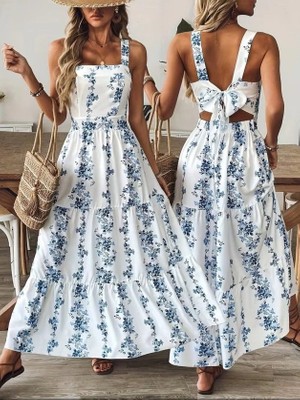Defy Moda Kadın Askılı Kare Yakalı Sırttan Fiyonk Bağlama Detaylı Desenli Uzun Süprem Elbise