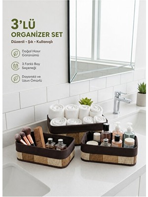 Nomikase Hasır Sepetli Çok Amaçlı Makyaj ve Banyo Organizeri - 3'lü Set