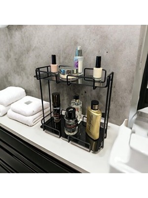 Nomikase Iki Katlı Siyah Banyo ve Kozmetik Düzenleyici, Sunum ve Servis Tepsisi