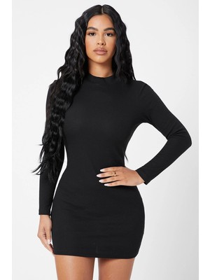 ALFA AKSESUAR 03 Kadın Siyah Kaşkorse Balıkçı Yaka Uzun Kollu Bodycon Mini Elbise
