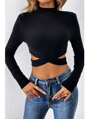 ALFA AKSESUAR 03 Kadın Siyah Çapraz Bel Detaylı Dik Yaka Uzun Kol Crop Top Bluz