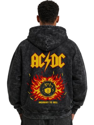 Sevbano Ac Dc Rock Metal Müzik Grubu Baskılı Unisex Oversize Yıkamalı Premium Hoodie Sweatshirt