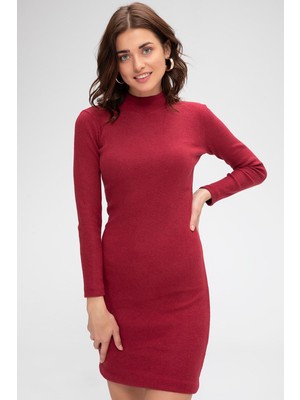 ALFA AKSESUAR 03 Kadın Bordo Kaşkorse Balıkçı Yaka Uzun Kollu Bodycon Mini Elbise