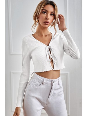 ALFA AKSESUAR 03 Kadın Beyaz Uzun Kollu Önden Bağlama Detaylı Crop Top Bluz