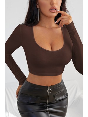 ALFA AKSESUAR 03 Kadın Kahverengi Uzun Kol Kare Yaka Crop Top Bluz