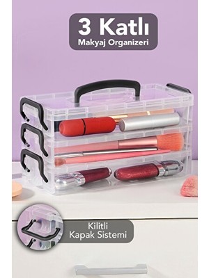 Nomikase Kilitli 3'lü Kapaklı Makyaj ve Takı Organizeri, Şeffaf ve Modüler