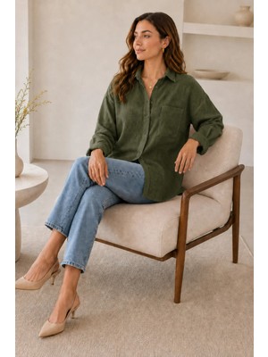 Exit Collection Kadın Haki Pamuklu Keten Gömlek - Oversize Salaş Uzun Kollu Cepli Kadın Tesettür Gömlek Overshirt
