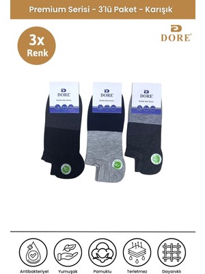 Dore 3 Çift Premium Terletmeyen Konfor Modeli Nefes Alan Dikişsiz Kalın Çizgili Patik Çorap Karışık 40-44