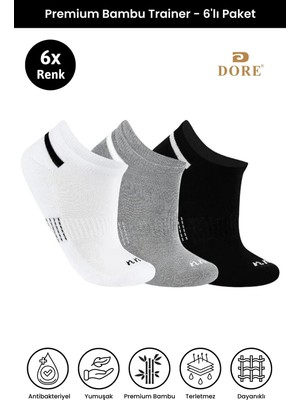 Dore Unisex 6 Çift Premium Bambu Trainer Esnek Konfor Modeli 4 Mevsim Spor & Günlük Kısa Çorap Beyaz Siyah Gri 6 36-39