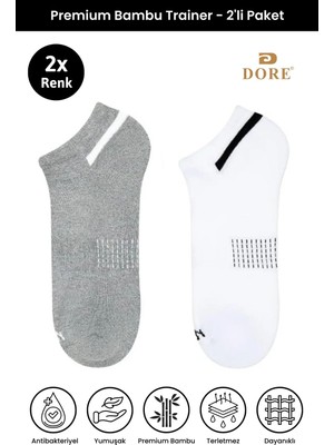 Dore Unisex 2 Çift Premium Bambu Trainer Esnek Konfor Modeli 4 Mevsim Spor & Günlük Kısa Çorap Beyaz Gri 36-39