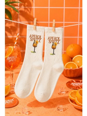 Dore Good Vibes Serisi - Aperol Spritz Kokteyl Desenli Özel Tasarım 4 Mevsim Pamuklu Kolej Çorap Aperol Spritz - Turuncu 36-42