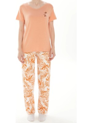 Relax Mode Kadın Turuncu Viskon-V Yaka Dantelli Pijama Takımı - 40113R