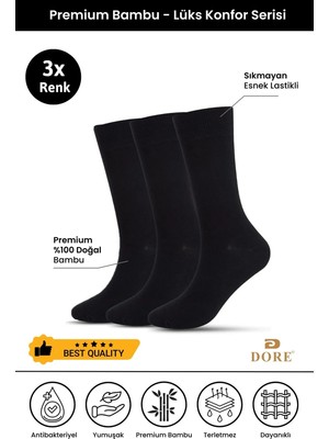 Dore Erkek 3 Çift Premium Bambu Dikişsiz Esnek Lastikli Konfor Modeli Uzun Soket Çorap Siyah 45-47