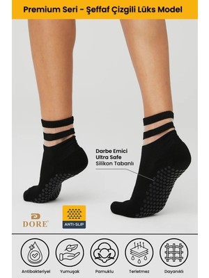Dore Premium Kadın 1 Çift Şeffaf Çizgili Lüks Model Kaymaz Pilates Yoga Kaydırmaz Tabanlı Çorap Siyah 36 - 42