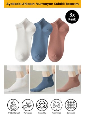 Dore 3 Çift Kulaklı Konfor Modeli Ter Emici Spor Ayakkabı Sneaker Premium Pamuklu Patik Çorap Beyaz Mavi Gül Kurusu 36-39