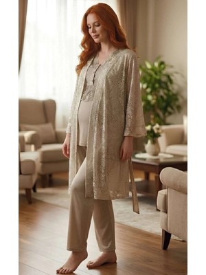 ALFA AKSESUAR 03 Bone 6201 Kadın Jakar Saten Sabahlıklı Lohusa Pijama Takımı