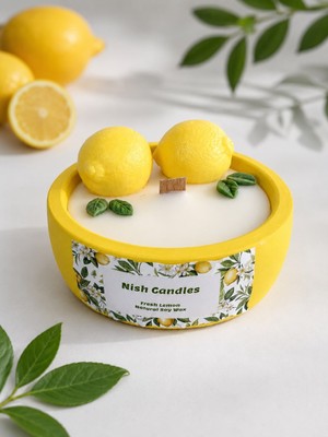 Nish Candles Parlak Sarı Beton Saksıda Dekoratif Limon Süslemeli Ferah Limon Kokulu Soya Mum - Yaz Konseptli Renkli Hediye