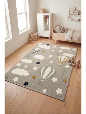 Konfor Halı Bercario Kids 6003 Gri Bulut Yıldızlı Balon Dokuma Çocuk Odası Halısı Yumuşak Bebek Odası Halısı