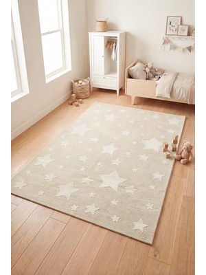 Konfor Halı Bercario Kids 6001 Krem Yıldızlı Dokuma Çocuk Odası Halısı Yumuşak Bebek Odası Halısı