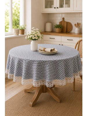 Rona Home Yuvarlak Masa Örtüsü Leke Tutmaz Silinebilir Dantel Kenarlı Dekoratif Sofra Örtüsü