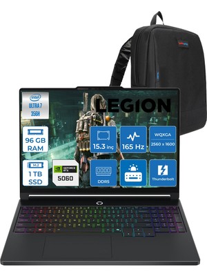Lenovo Legion 5 Intel Core Ultra 7 356H 96GB Ddr5 1tb SSD W11PRO 8GB/RTX5060/115W 15.3" Wqxga (2560X1600) OLED 165Hz Gaming Laptop L15IAX107P44 + Zettaçanta