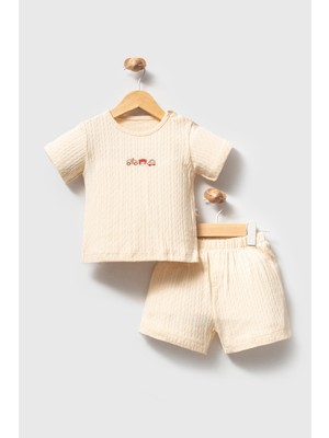 H HONEY BABY %100 Organik Pamuk Sevimli Arabalar Jakar Kumaş Erkek Bebek Yazlık Takım