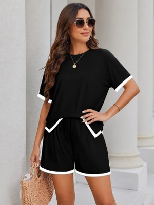 Veraura Lifestyle Kadın Kısa Kollu Bisiklet Yaka Şerit Detaylı Viskon Iki Iplik Bluz ve Kısa Short Ikili Takım