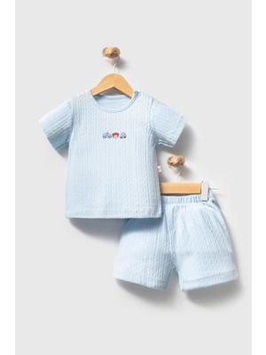 H HONEY BABY %100 Organik Pamuk Sevimli Arabalar Jakar Kumaş Erkek Bebek Yazlık Takım