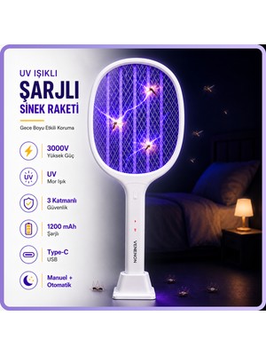 Venenon 3000V Şarjlı Elektrikli Sinek Raketi Standlı Sivrisinek Haşere Öldürücü  Sineklik Haşere Aleti D028