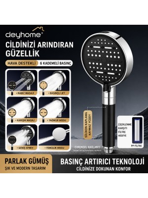 Deyhome 4 Lü Set Slikon Tutamaçlı 6 Kademeli Basınç Artırıcı Filtreli Duş Başlığı   Pp Filtre | Hava Destekli Tasarım, Evrensel Bağlantı, Siyah-Gümüş
