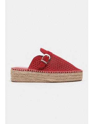 Nişantaşı Shoes Maren Kırmızı Süet Deri Lazer Delikli Toka Detay Hasır Taban Kadın Espadril Terlik