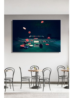 Şehber Dekoratif Yatay Kanvas Tablo Tekli Ev Kafe Ofis Renkli Poker Fişleri ve Oyun Kartları 2704