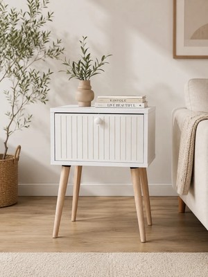 Enwood Canopus Mdf Beyaz Ahşap Ayaklı Tek Kapaklı Komodin