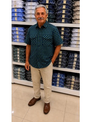 Beyome Erkek %100 Pamuk Kısa Kollu Çift Cepli Kareli Gömlek Rahat Kalıp Yazlık Büyük Beden S-5xl