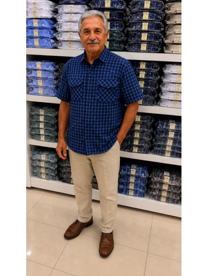 Beyome Erkek %100 Pamuk Kısa Kollu Çift Cepli Kareli Gömlek Rahat Kalıp Yazlık Büyük Beden S-5xl