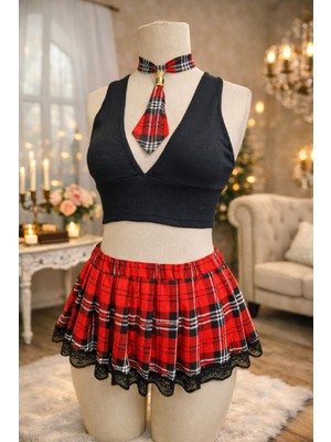 Gesa Store Kadın Cesur Ekoseli Siyah Dantelli Mini Etek Tanga ve Bluz Takım H110413 - GESA554305-6624
